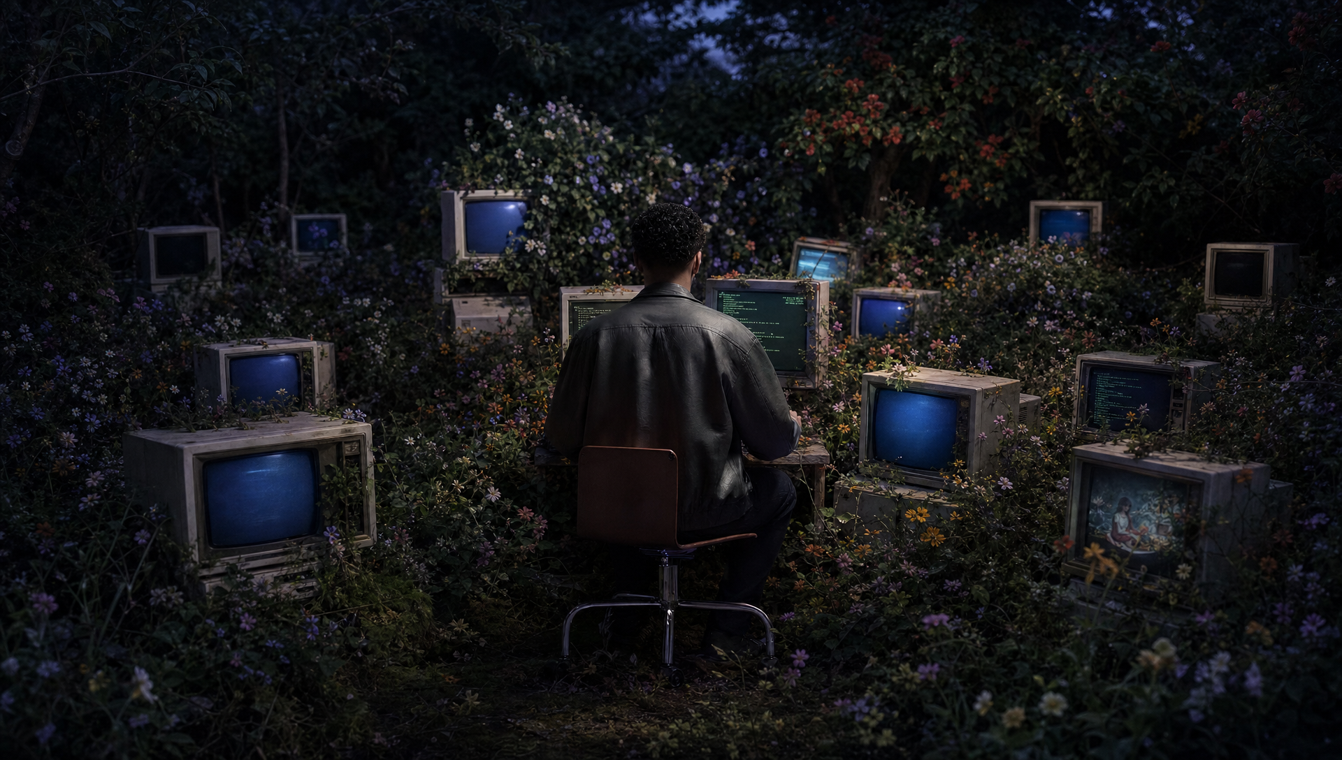 Desenvolvedor sentado de costas diante de monitores CRT antigos, em meio a um jardim de flores à noite